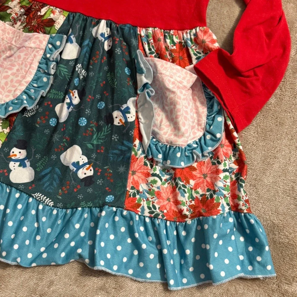 Kids Christmas Patchwork Tunic & Bell Bottom Pants Set Snowman Poinsettia 4T